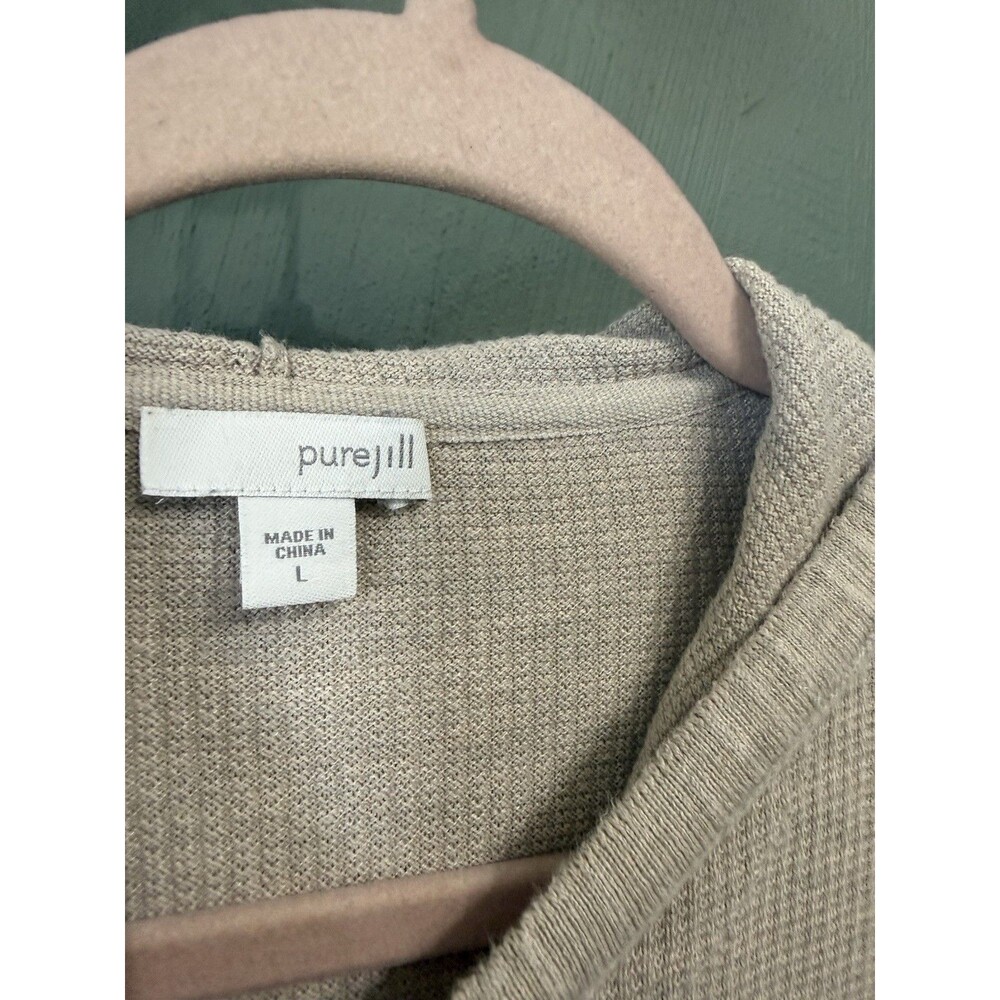 Pure Jill Hooded Top L Khaki Lightweight Waffle Knit Pullover Minimalist Coastal - Picture 3 of 8
